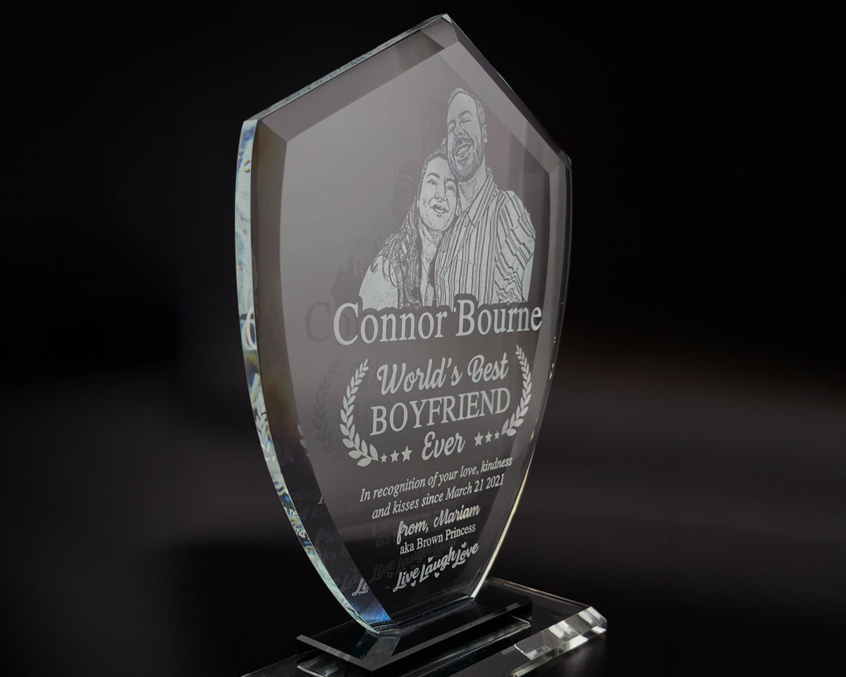 Custom Engraved Shield Glass Award - "Conquest"