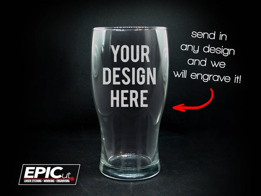 Custom engraved pint beer glass personalized with "Your Design Here"