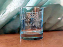 Load image into Gallery viewer, A whiskey glass with a crown design and the name Harper engraved underneath it
